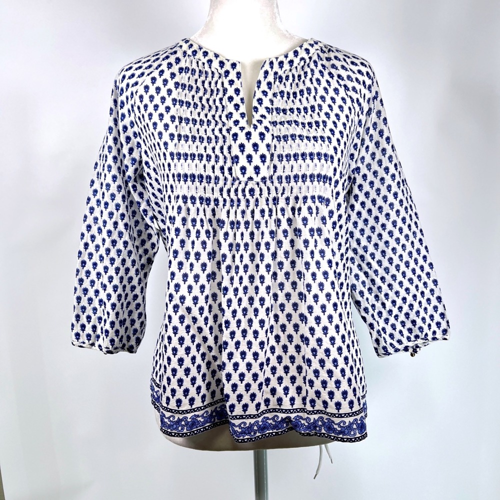 Forever 21 Blue White Block Print Pintuck Peasant Blouse‎ Womens Large L Boho